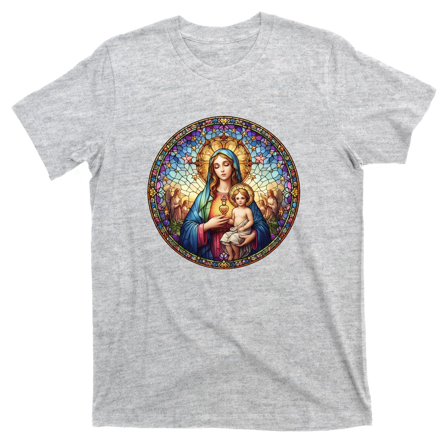 Mother Mary Stained Glass Collection: Sacred Heart Of Mary And Jesus T-Shirt
