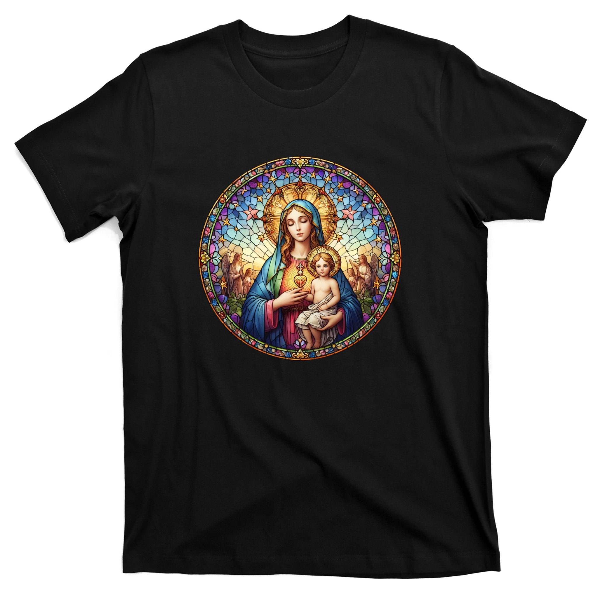 Mother Mary Stained Glass Collection: Sacred Heart Of Mary And Jesus T-Shirt