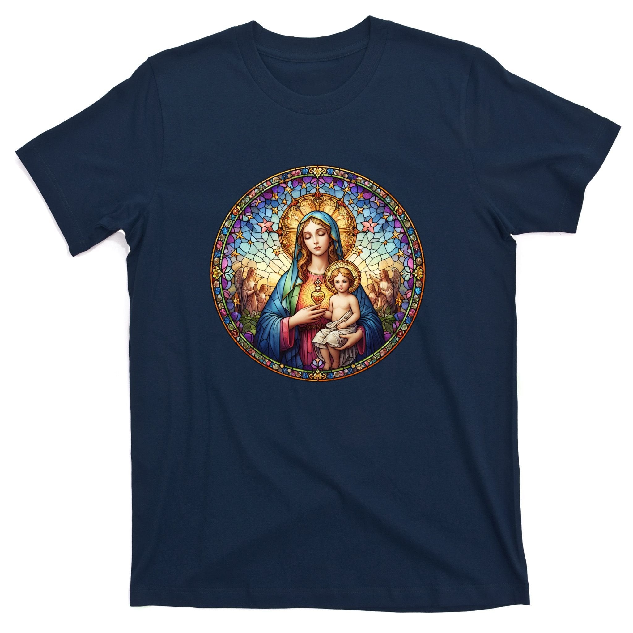 Mother Mary Stained Glass Collection: Sacred Heart Of Mary And Jesus T-Shirt