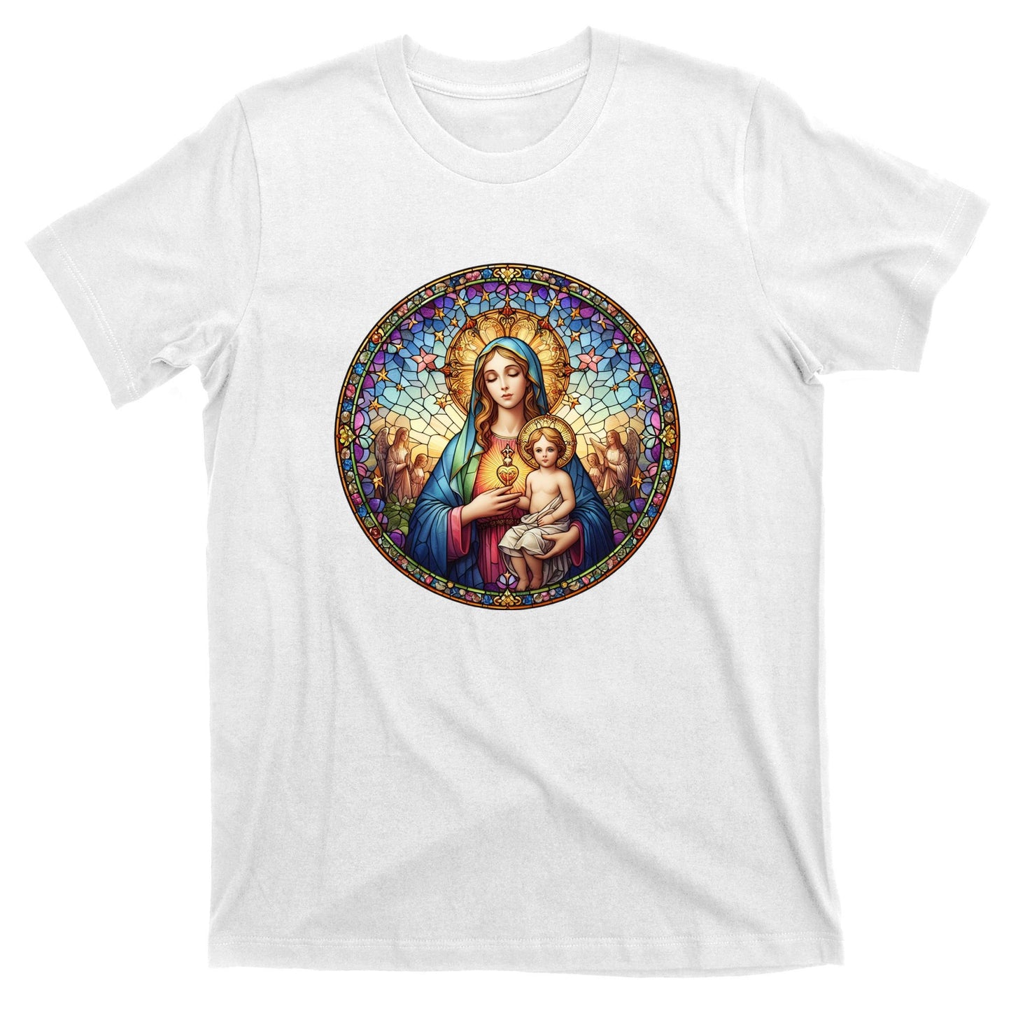 Mother Mary Stained Glass Collection: Sacred Heart Of Mary And Jesus T-Shirt