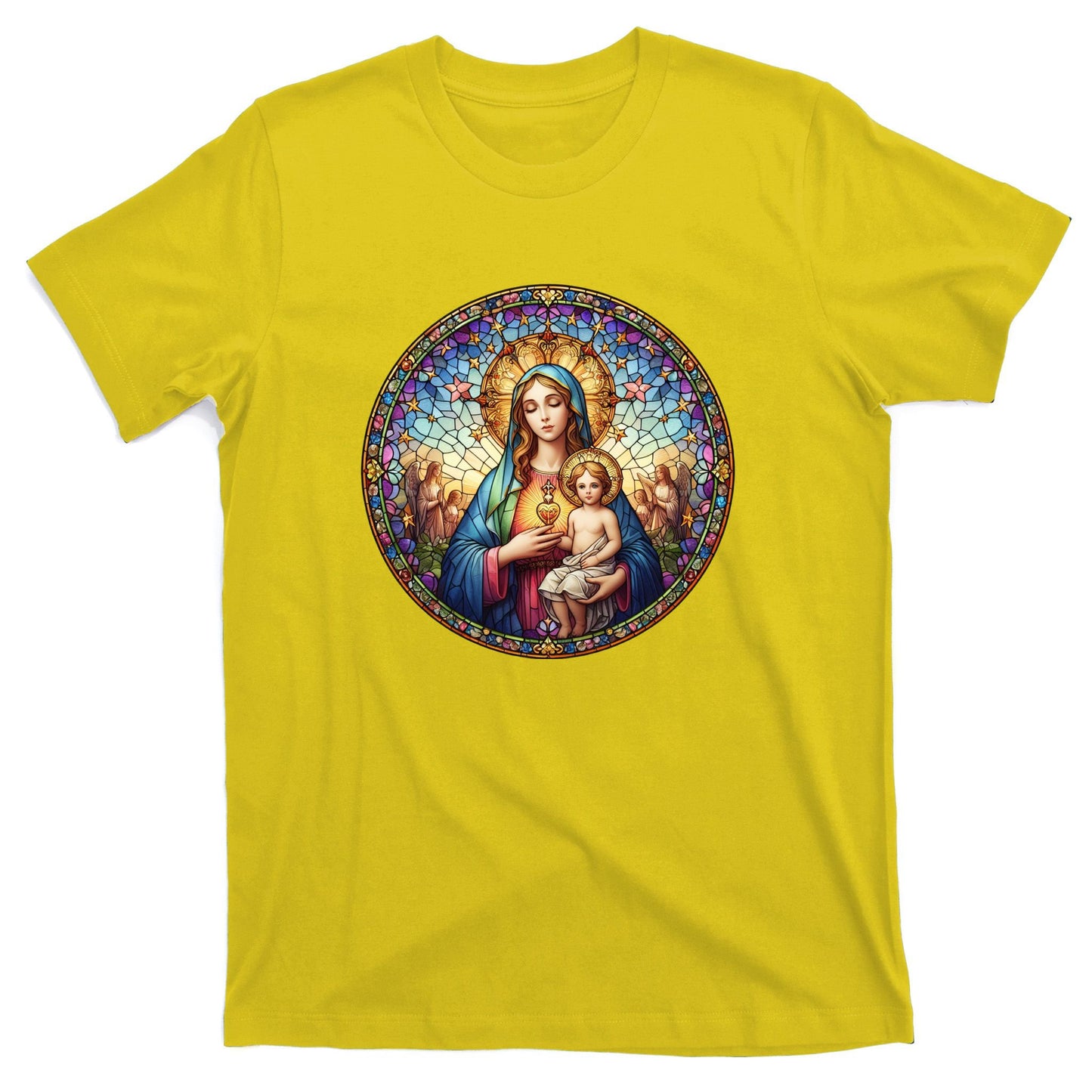Mother Mary Stained Glass Collection: Sacred Heart Of Mary And Jesus T-Shirt