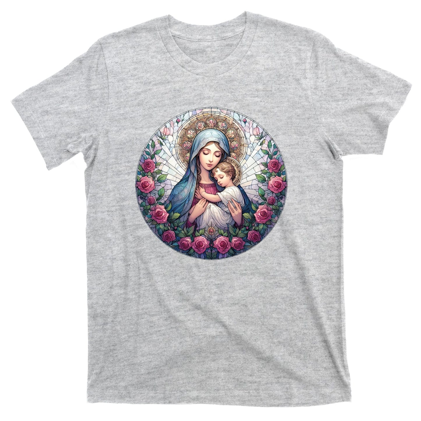 Mother Mary Stained Glass Collection: Roses Mary And Jesus Catholic Christian T-Shirt