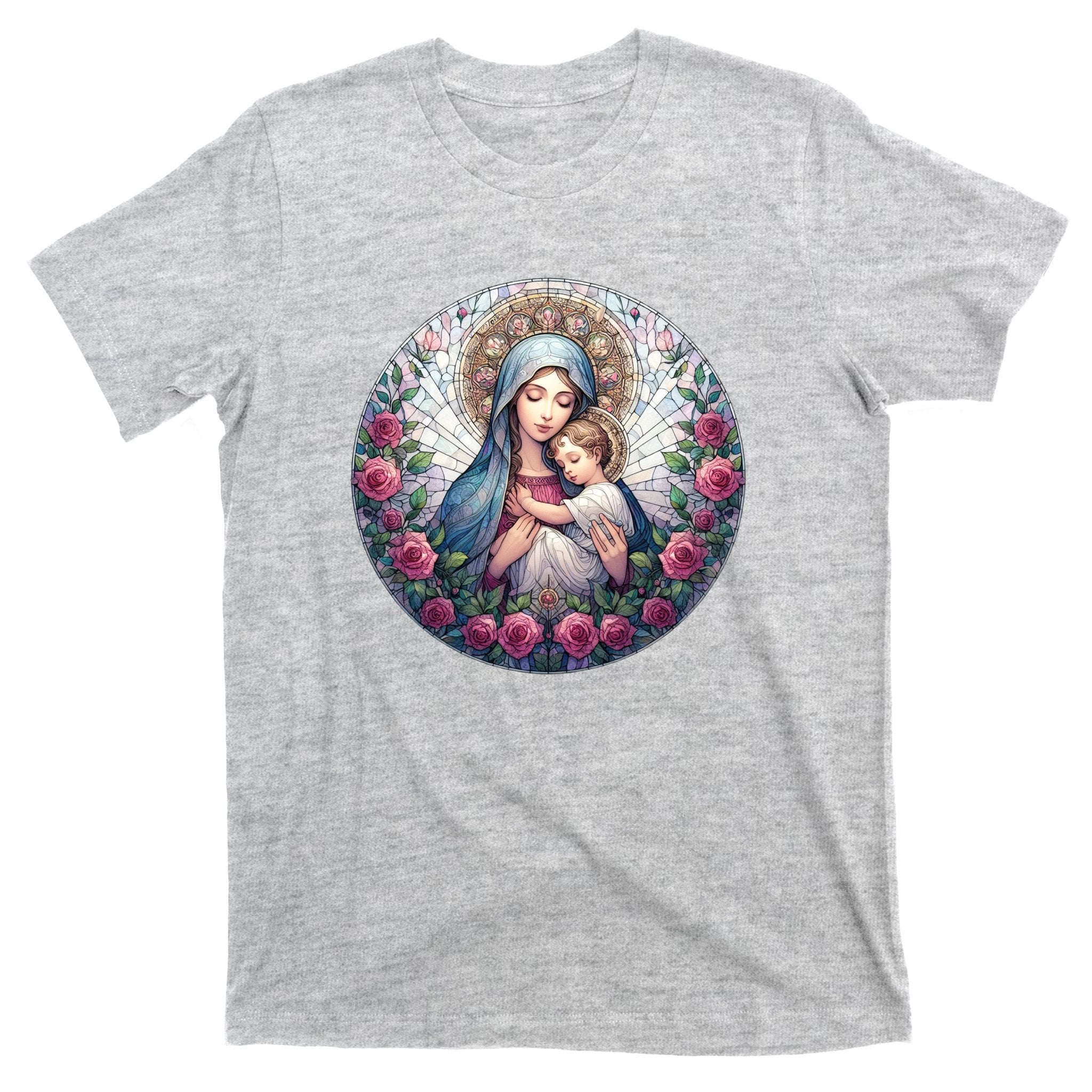 Mother Mary Stained Glass Collection: Roses Mary And Jesus Catholic Christian T-Shirt