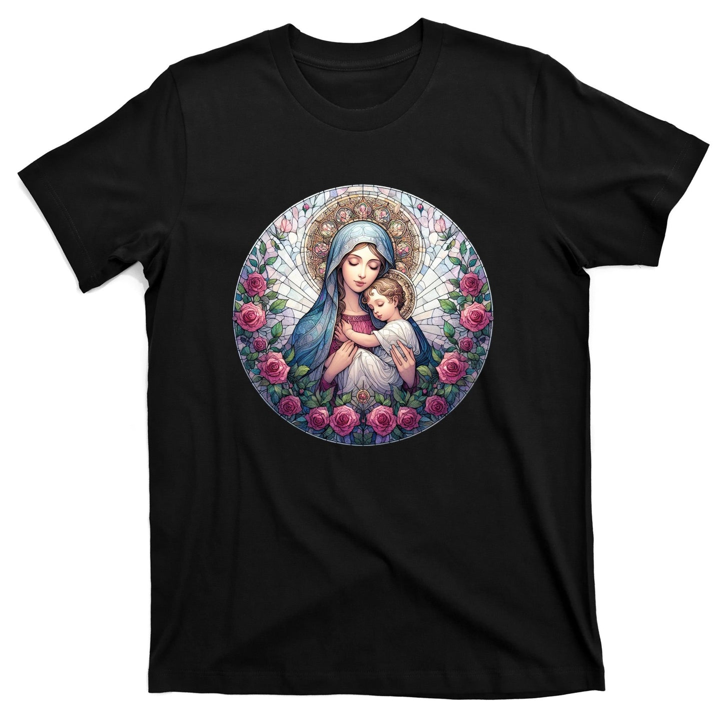 Mother Mary Stained Glass Collection: Roses Mary And Jesus Catholic Christian T-Shirt