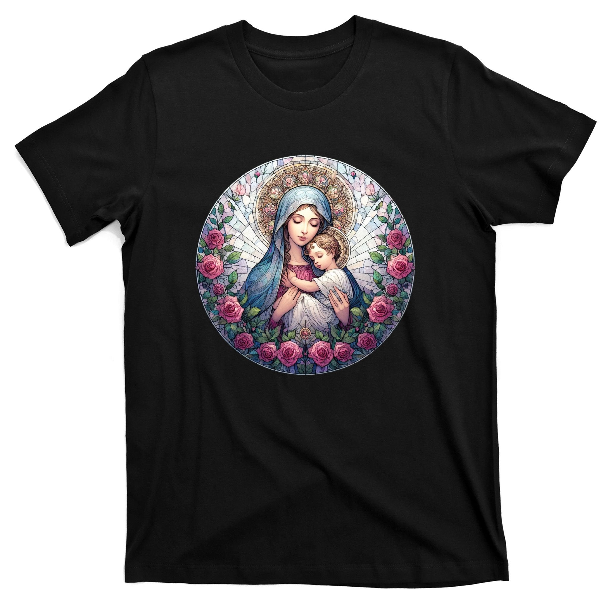 Mother Mary Stained Glass Collection: Roses Mary And Jesus Catholic Christian T-Shirt