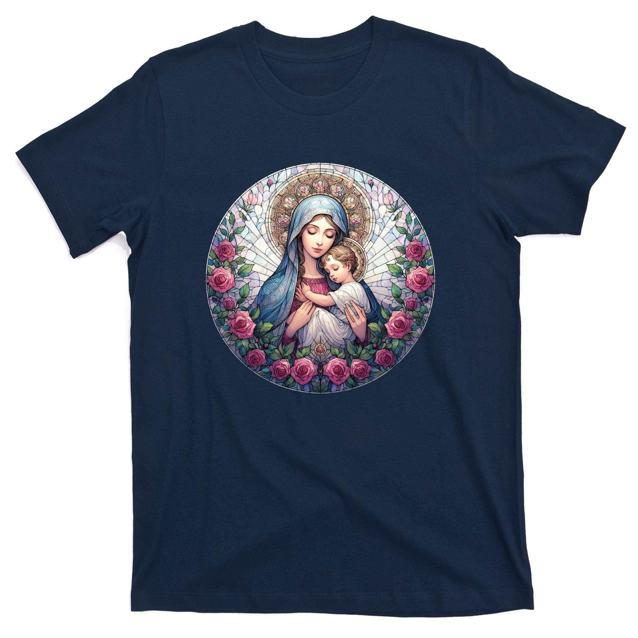 Mother Mary Stained Glass Collection: Roses Mary And Jesus Catholic Christian T-Shirt