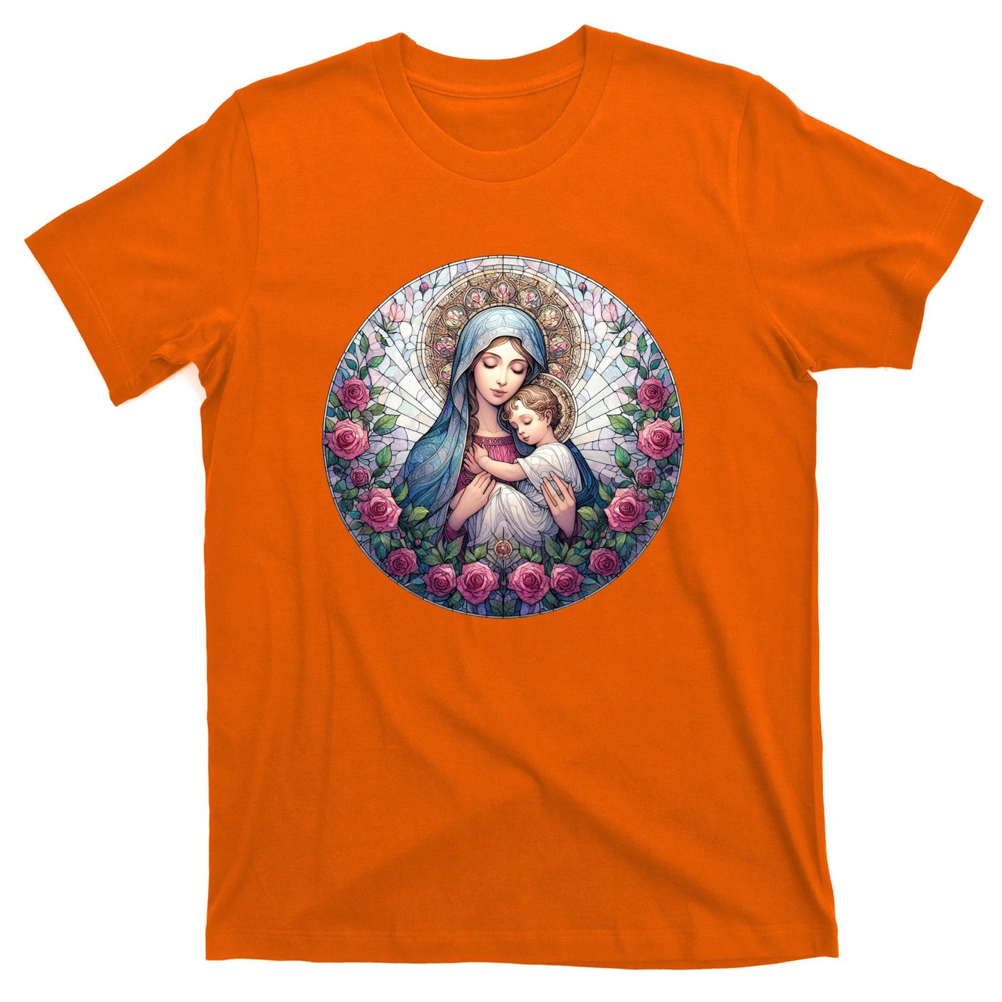 Mother Mary Stained Glass Collection: Roses Mary And Jesus Catholic Christian T-Shirt