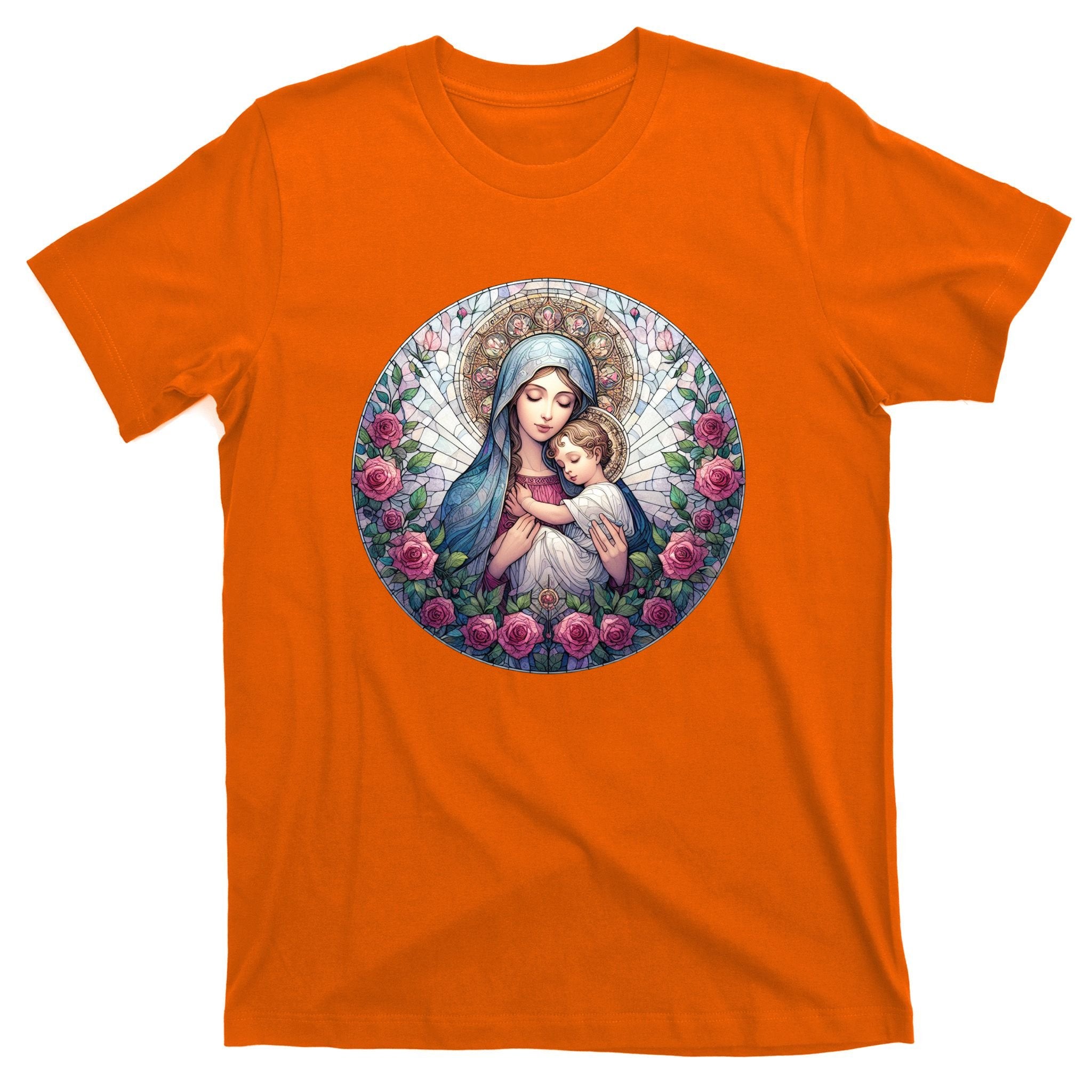 Mother Mary Stained Glass Collection: Roses Mary And Jesus Catholic Christian T-Shirt