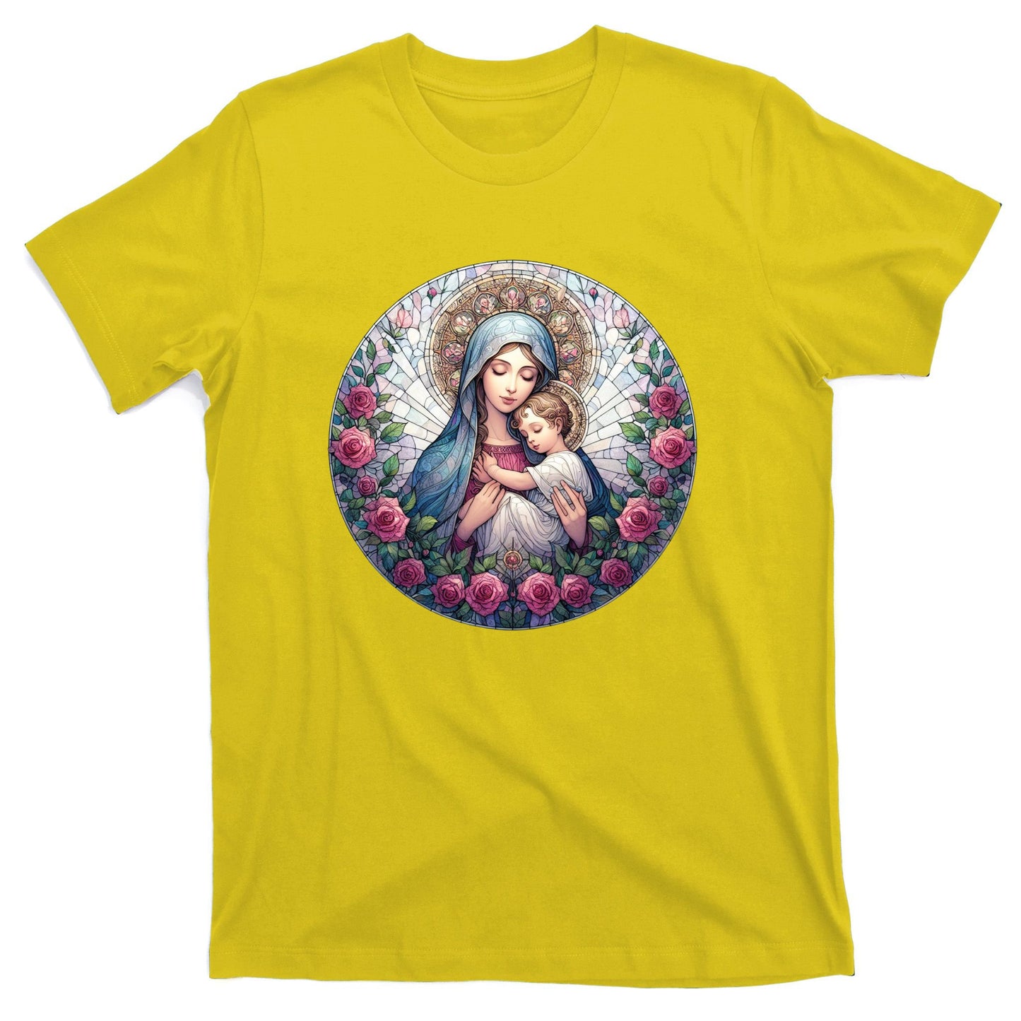Mother Mary Stained Glass Collection: Roses Mary And Jesus Catholic Christian T-Shirt