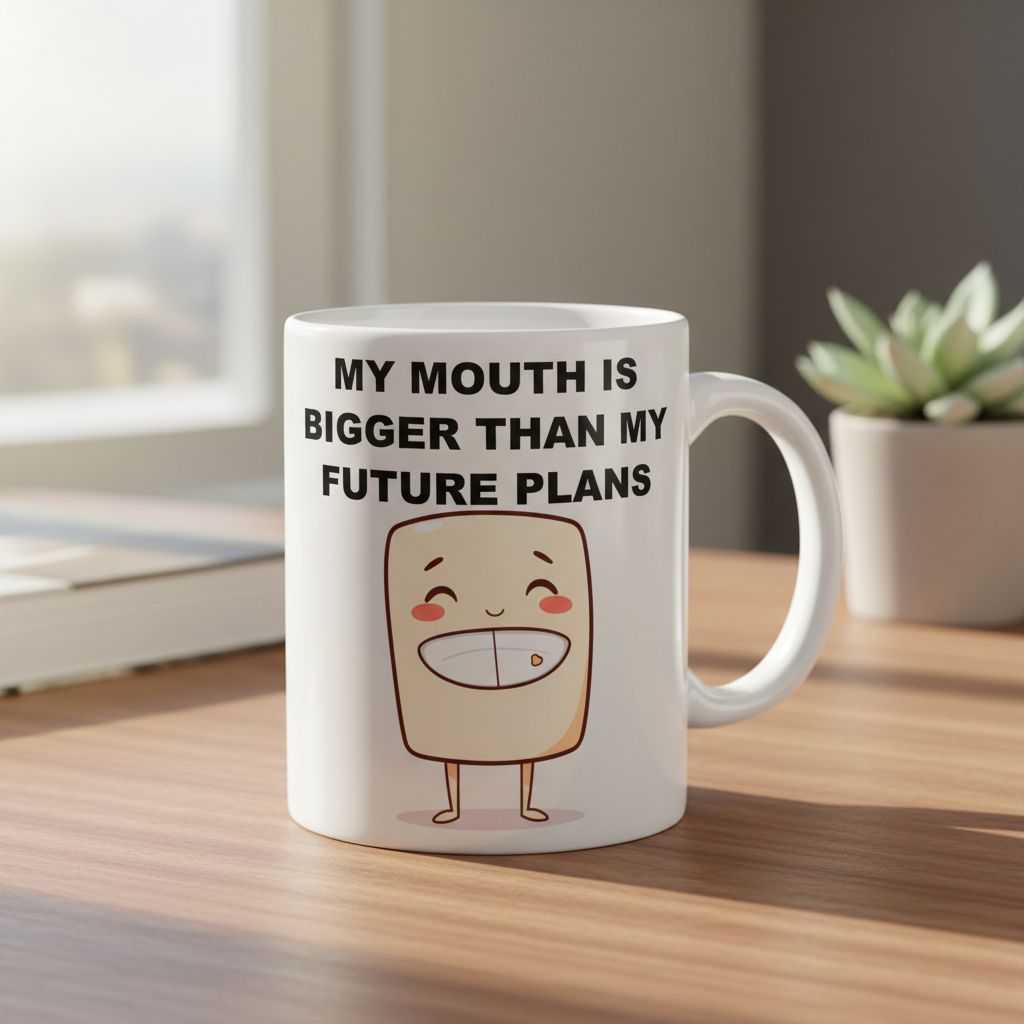 Funny Foodie Coffee Mug - My Mouth Is Bigger Than My Future Plans - Blue Bloop Squad #4 - Relatable Office Gift - Cute Monster Cup