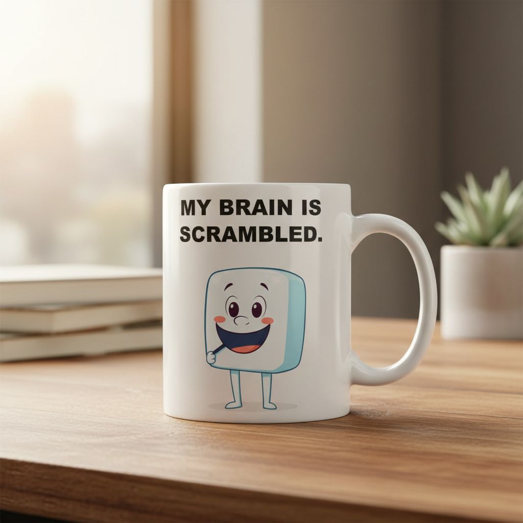 My Brain Is Scrambled Coffee Mug, Funny Sky Blue Character Cup, Cute Cooking Humor Gift, Relatable Office Mug, Kawaii Kitchen Decor