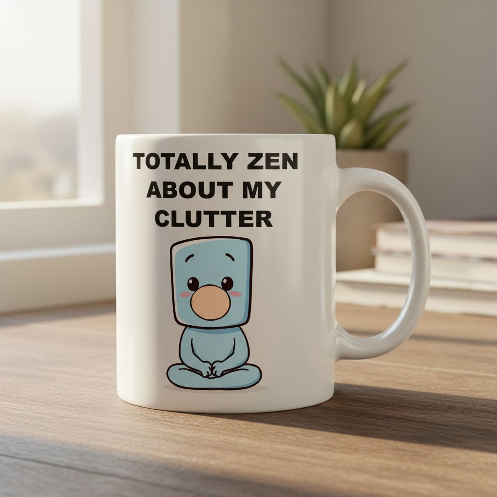 Funny Collector Mug - Totally Zen About My Clutter Coffee Cup - Sky Blue Hobbyist Gift - Cute Lotus Pose Mug - Gift for Messy Desk
