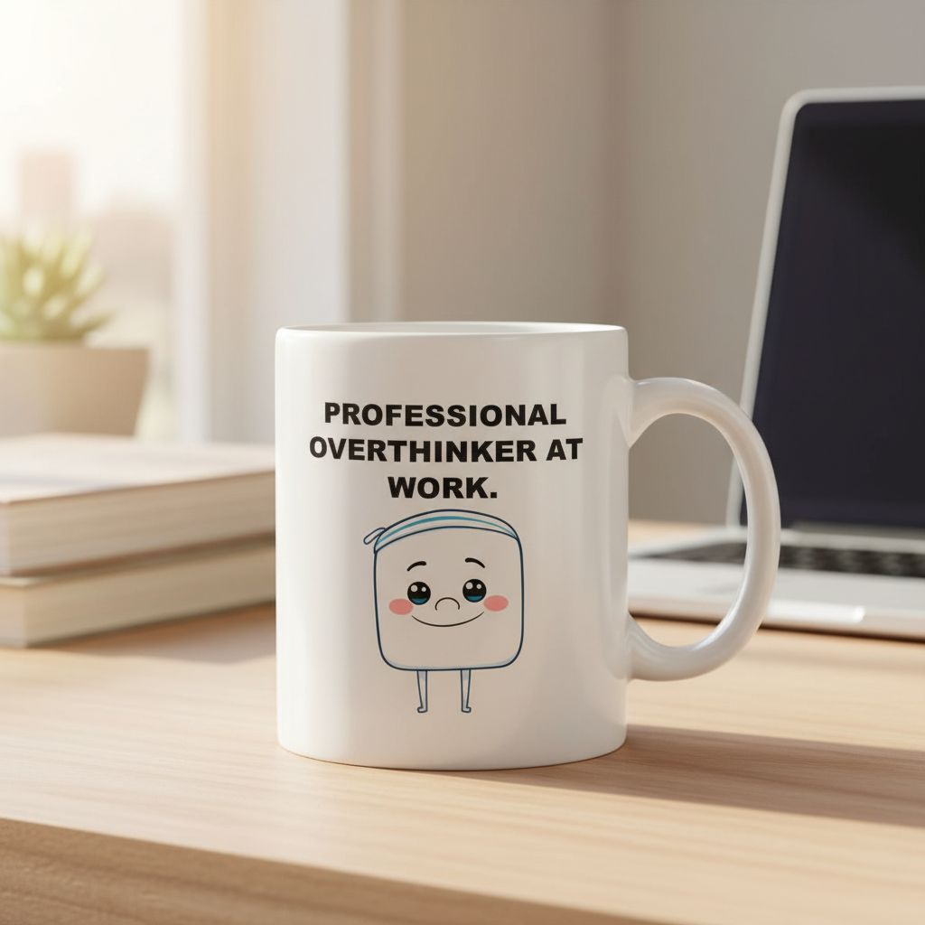 Professional Overthinker Mug, Funny Creative Character Coffee Cup, Cute Sky Blue Sweatband Art, Office Humor Gift, Hobby Series #17 Mug