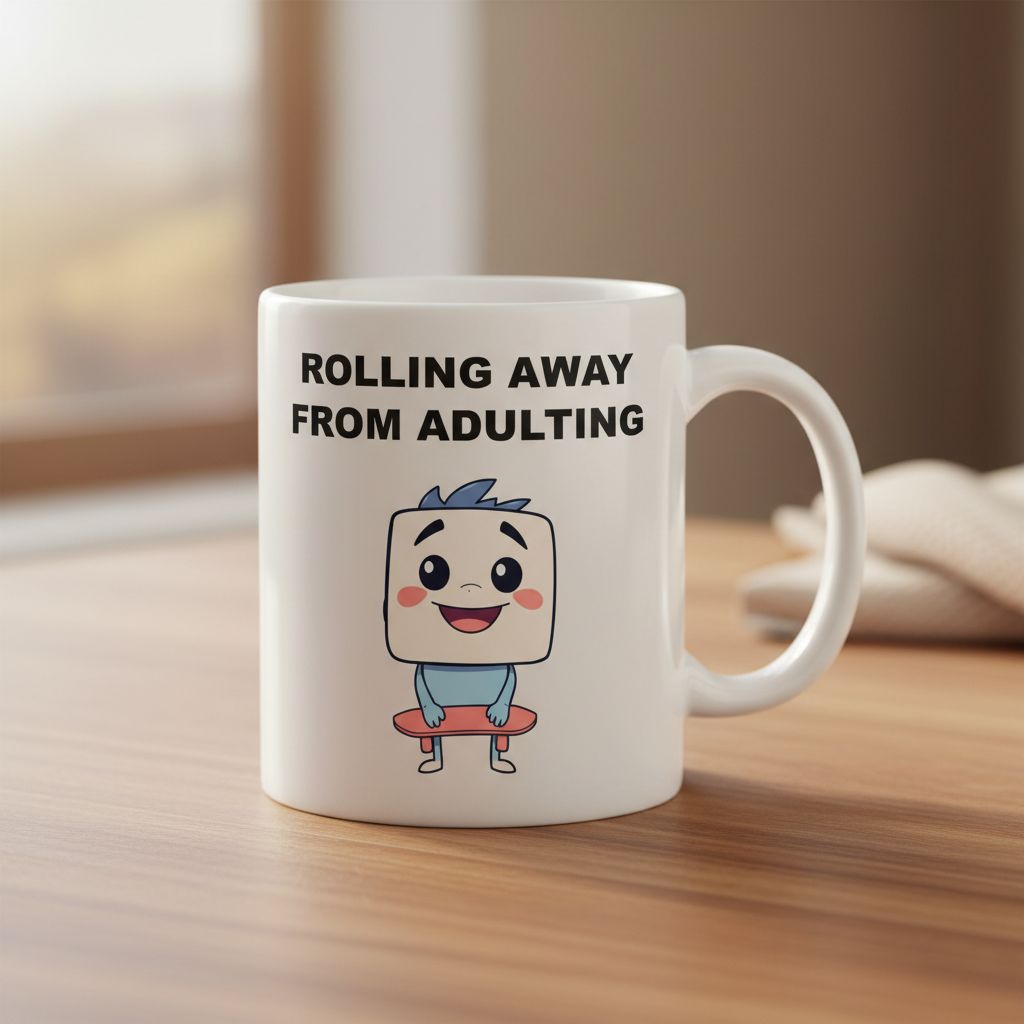 Funny Skateboarder Mug - Rolling Away From Adulting Coffee Cup - Cute Sky Blue Character Hobby Series #16 - Chill Skater Office Gift