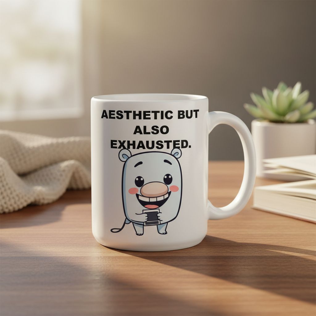 Aesthetic But Also Exhausted Mug, Funny Coffee Cup, Cozy Polaroid Character, Sky Blue Mug, Relatable Office Gift, Tired Student Coffee Mug