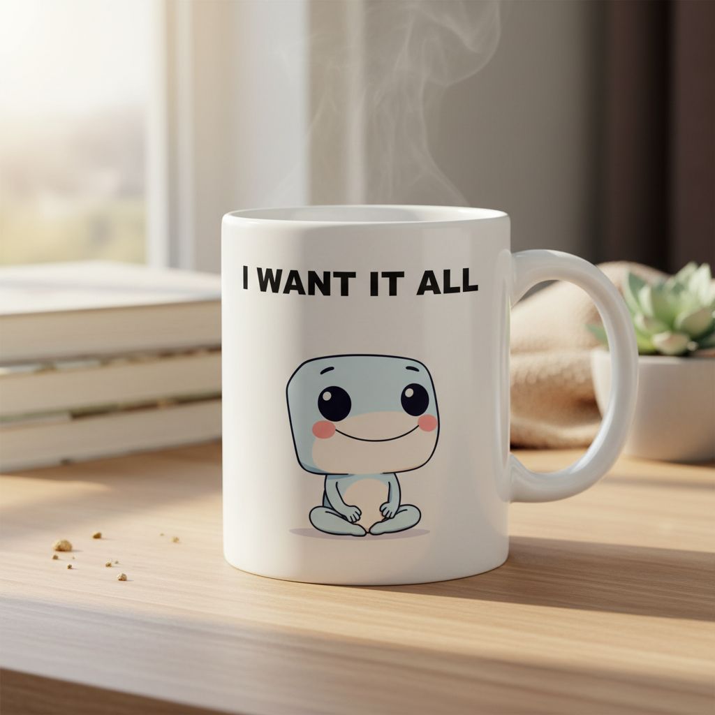 Funny Collector Coffee Mug Sky Blue Lotus Pose Hobby Series #8 I Want It All Ceramic Cup Cute Gift for Hobbyists and Collectors