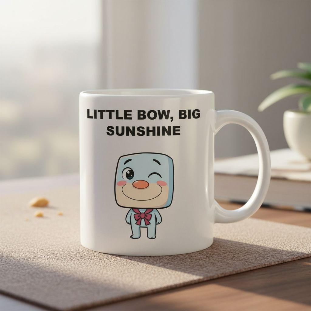 Cute Sky Blue Character Mug - Relaxed Ribbon Bow Coffee Cup - Little Bow Big Sunshine Kawaii Mug - Funny Gift for Tea Lovers Office Decor