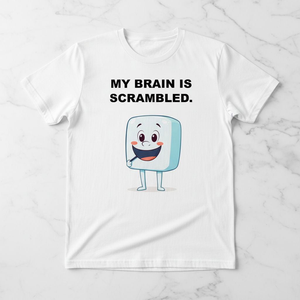 Funny My Brain Is Scrambled T-Shirt, Cute Sky Blue Character Tee, Relatable Mental Health Humor, Kawaii Cooking Shirt, Playful Chef Gift