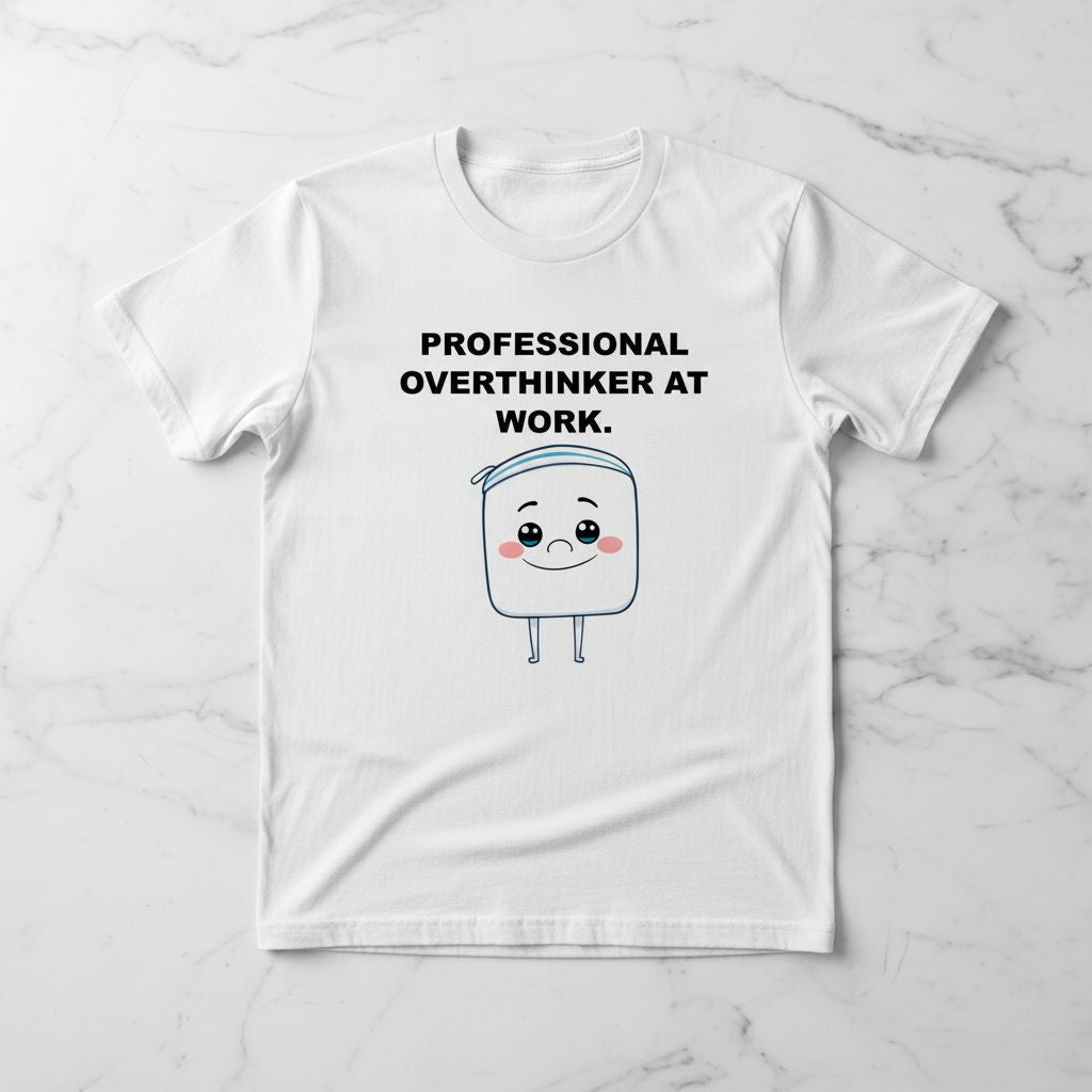 Professional Overthinker T-Shirt, Funny Creative Character Tee, Cute Sky Blue Sweatband Shirt, Relatable Humor Gift, Hobby Series #17