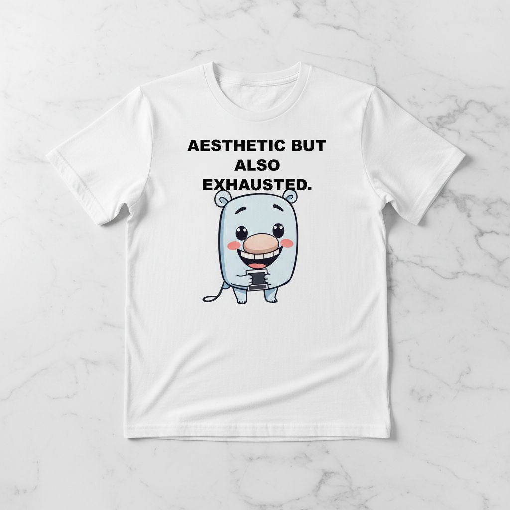Aesthetic But Also Exhausted Shirt, Funny Cozy Polaroid Tee, Cute Sky Blue Character T-shirt, Relatable Tired Vibe, Gen Z Aesthetic Gift
