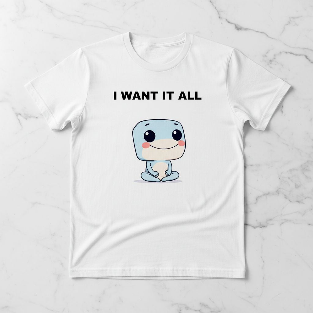 Funny Collector T-Shirt Sky Blue Sitting Lotus Pose Hobbyist Tee I Want It All Graphic Shirt Cute Character Gift for Hobby Lovers