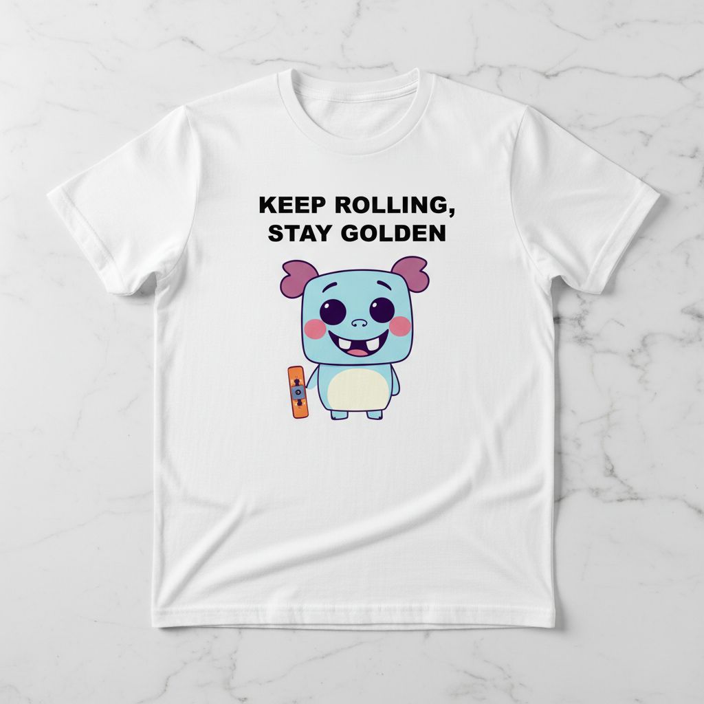 Cute Skateboarder T-Shirt, Chill Sky Blue Character Tee, Keep Rolling Stay Golden Shirt, Funny Skater Gift, Aesthetic Streetwear Graphic
