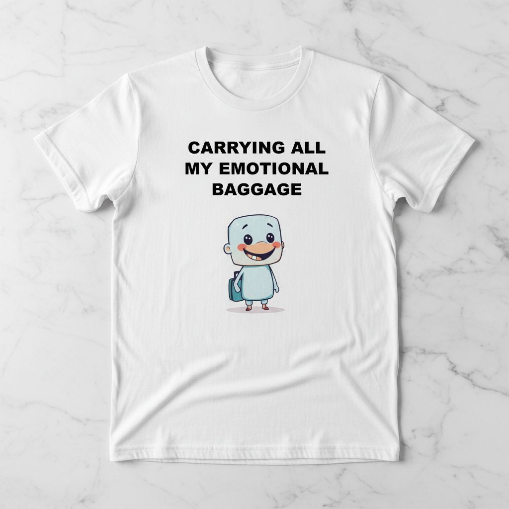 Funny Emotional Baggage T-Shirt, Cute Sky Blue Character Graphic Tee, Relatable Mental Health Shirt, Wandering Soul Gift, Tiny Luggage