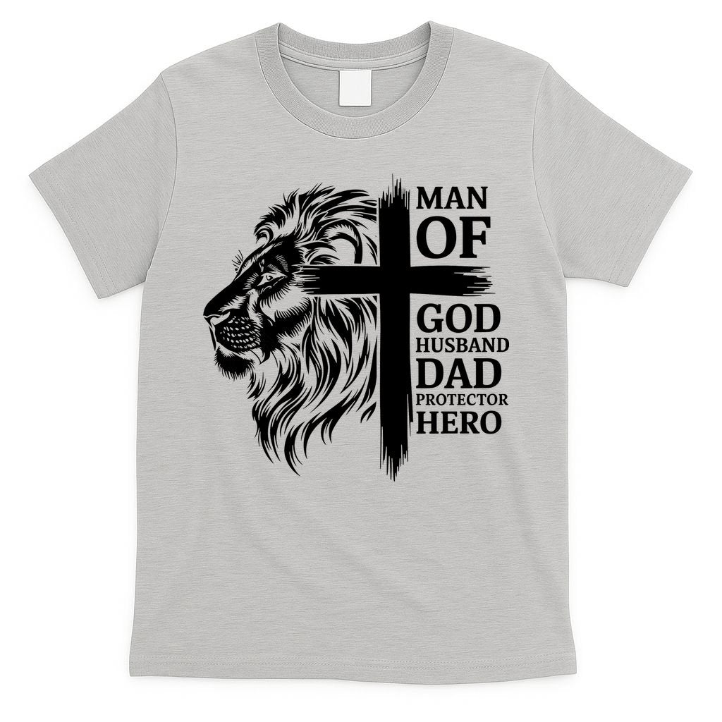 Man Of God Husband Daddy Protector Hero Dad Lion Jesus Cross T-Shirt