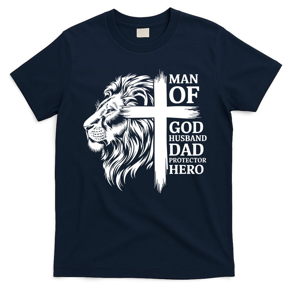Man Of God Husband Daddy Protector Hero Dad Lion Jesus Cross T-Shirt