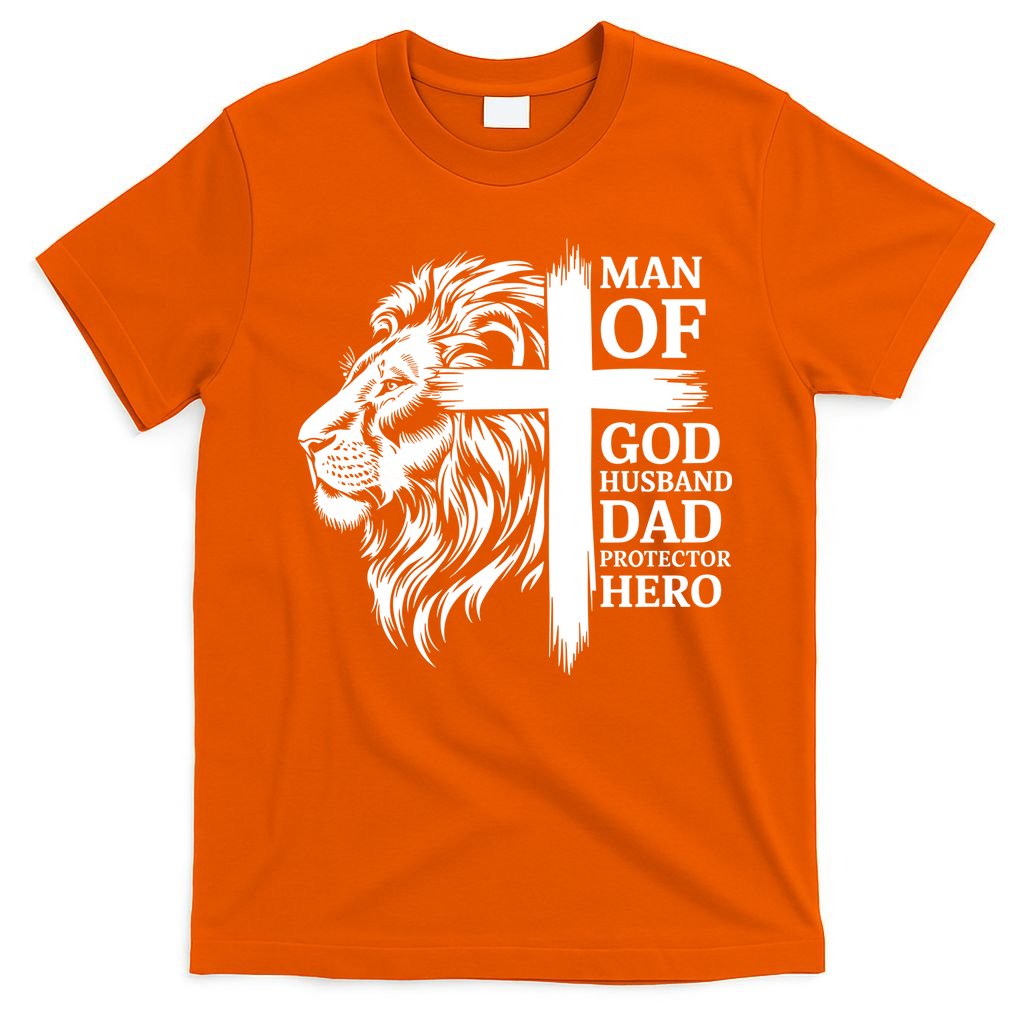 Man Of God Husband Daddy Protector Hero Dad Lion Jesus Cross T-Shirt