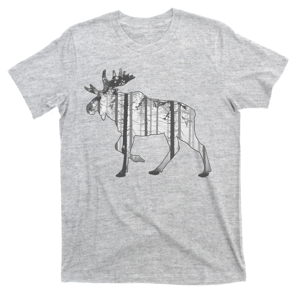 Moose Forest Silhouette Grey Style T-Shirt