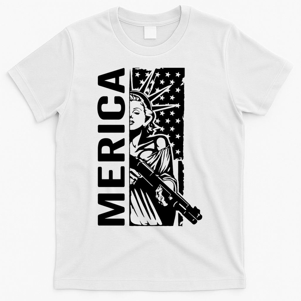 Merica Patriotic Pro Gun USA Liberty Lady 4th Of July Gun T-Shirt