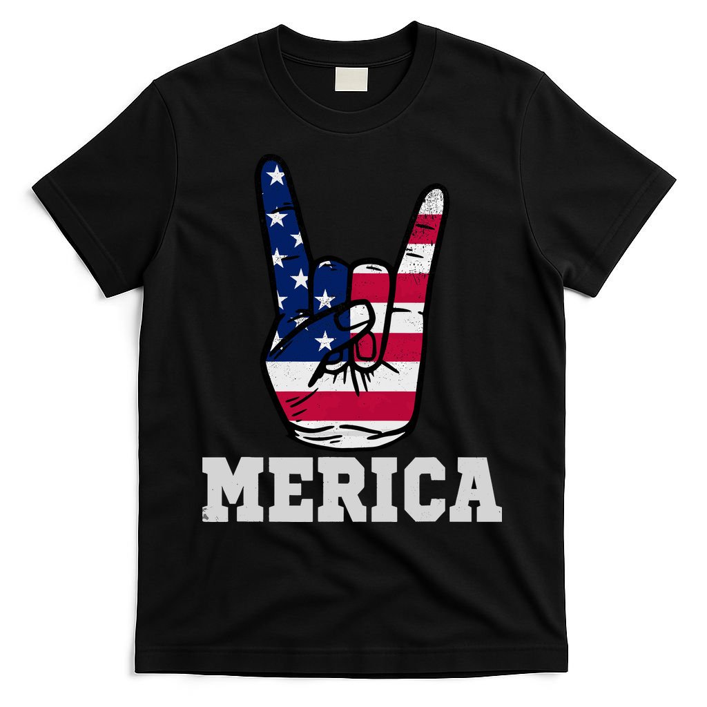 Merica Rock On Rock Sign Usa American Flag 4th Of July T-Shirt