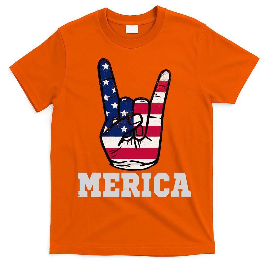 Merica Rock On Rock Sign Usa American Flag 4th Of July T-Shirt