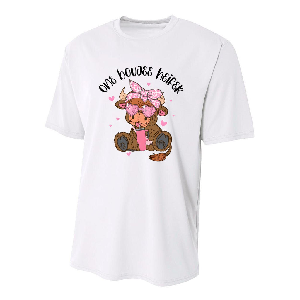 One Boujee Heifer Highland Cow Valentine Youth Performance Sprint T-Shirt