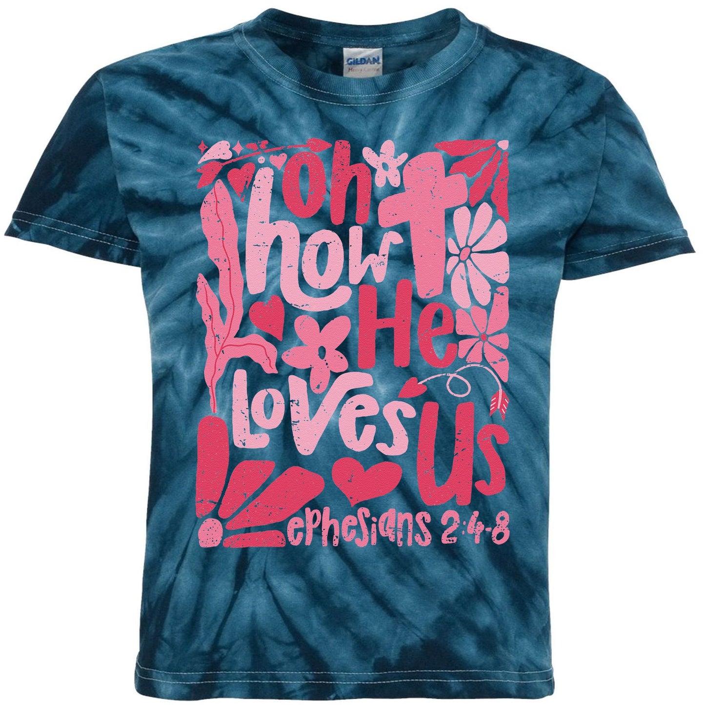 Oh How He Loves Us Boho Valentine Flower Jesus Christian Kids Tie-Dye T-Shirt