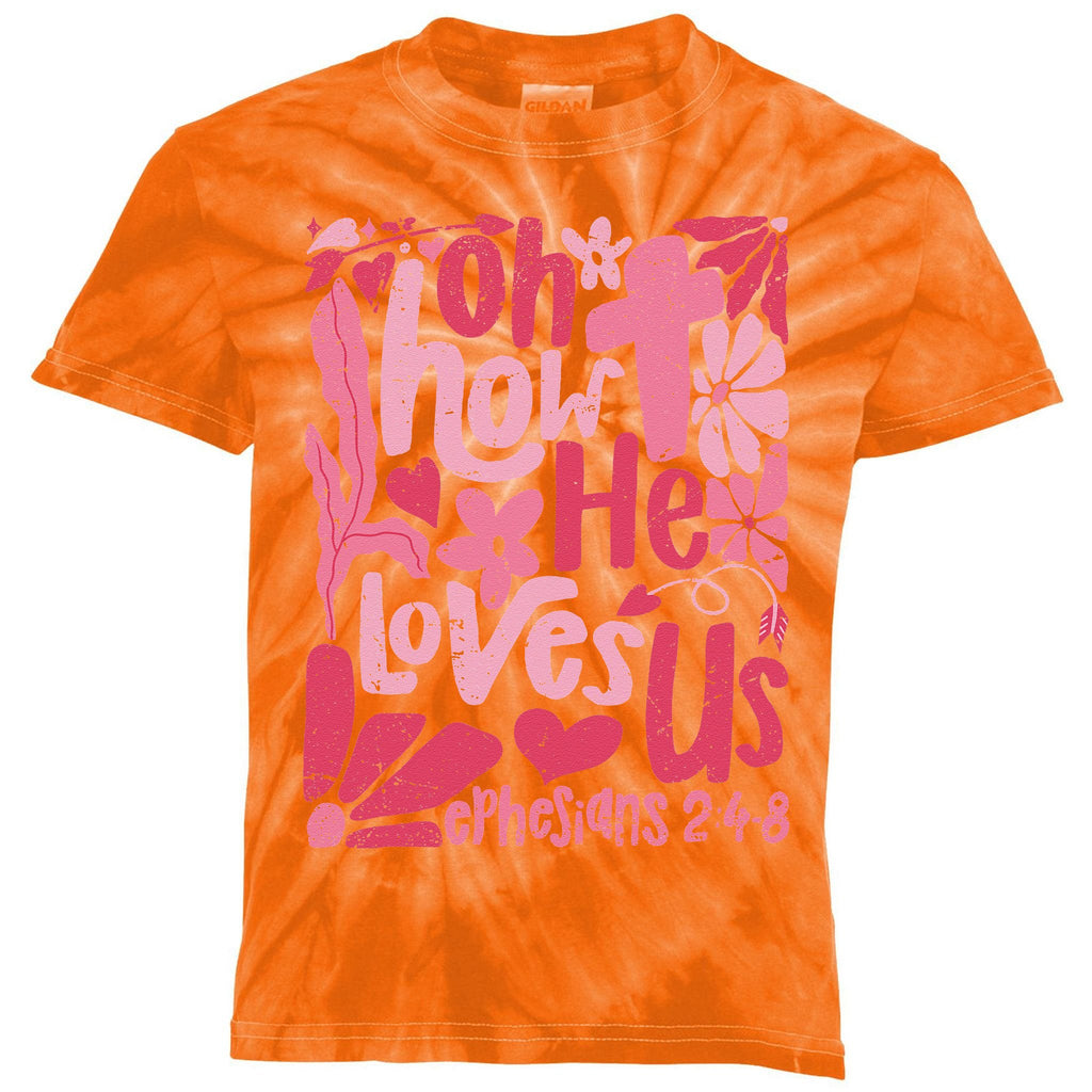 Oh How He Loves Us Boho Valentine Flower Jesus Christian Kids Tie-Dye T-Shirt