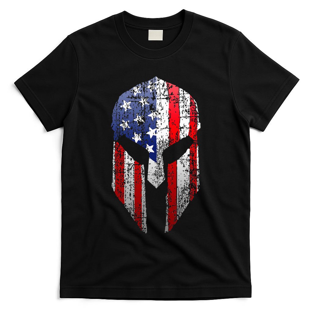 Patriotic American Spartan Warrior Usa Flag Helmet T-Shirt