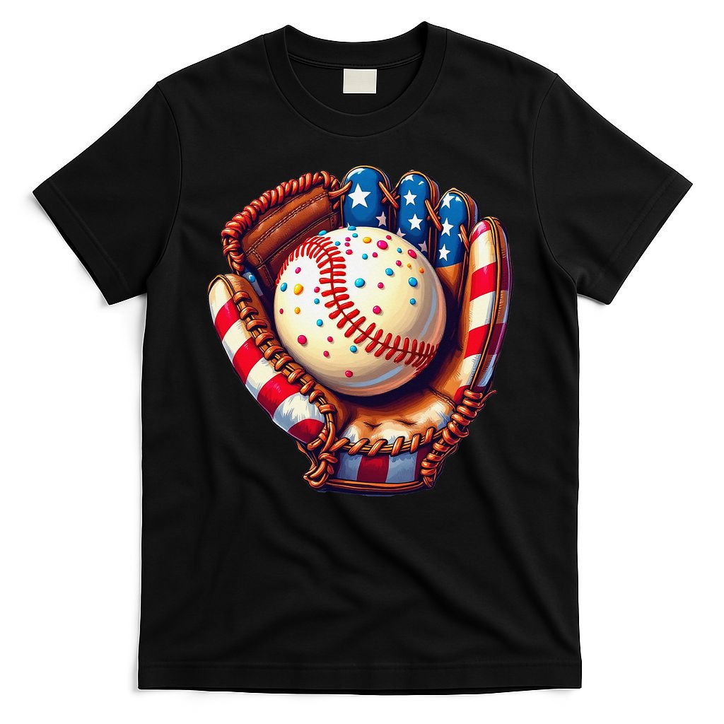 Patriotic Baseball Glove Drip Ice Cream Sprinkles 4th July T-Shirt
