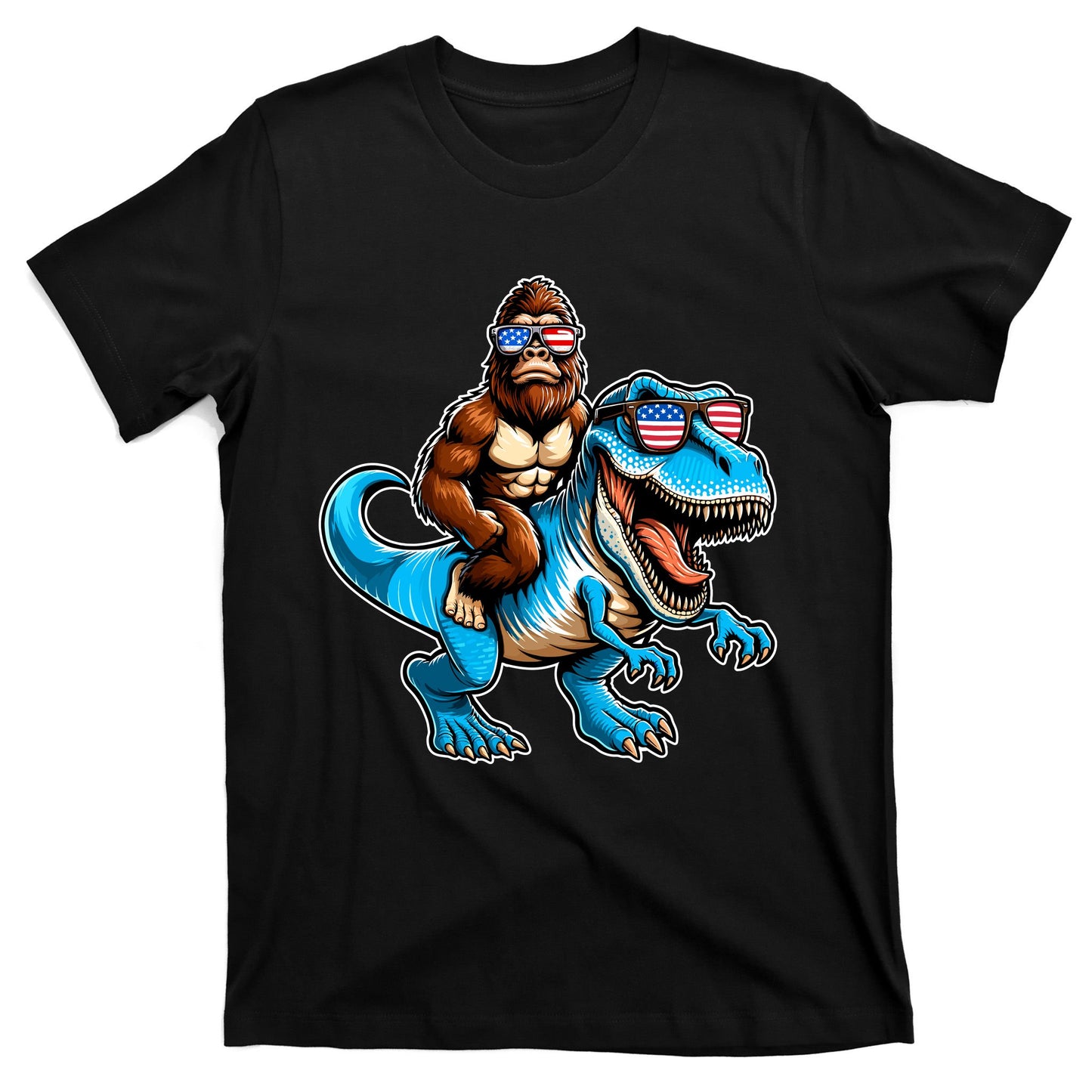 Patriotic Bigfoot Riding T Rex T-Shirt