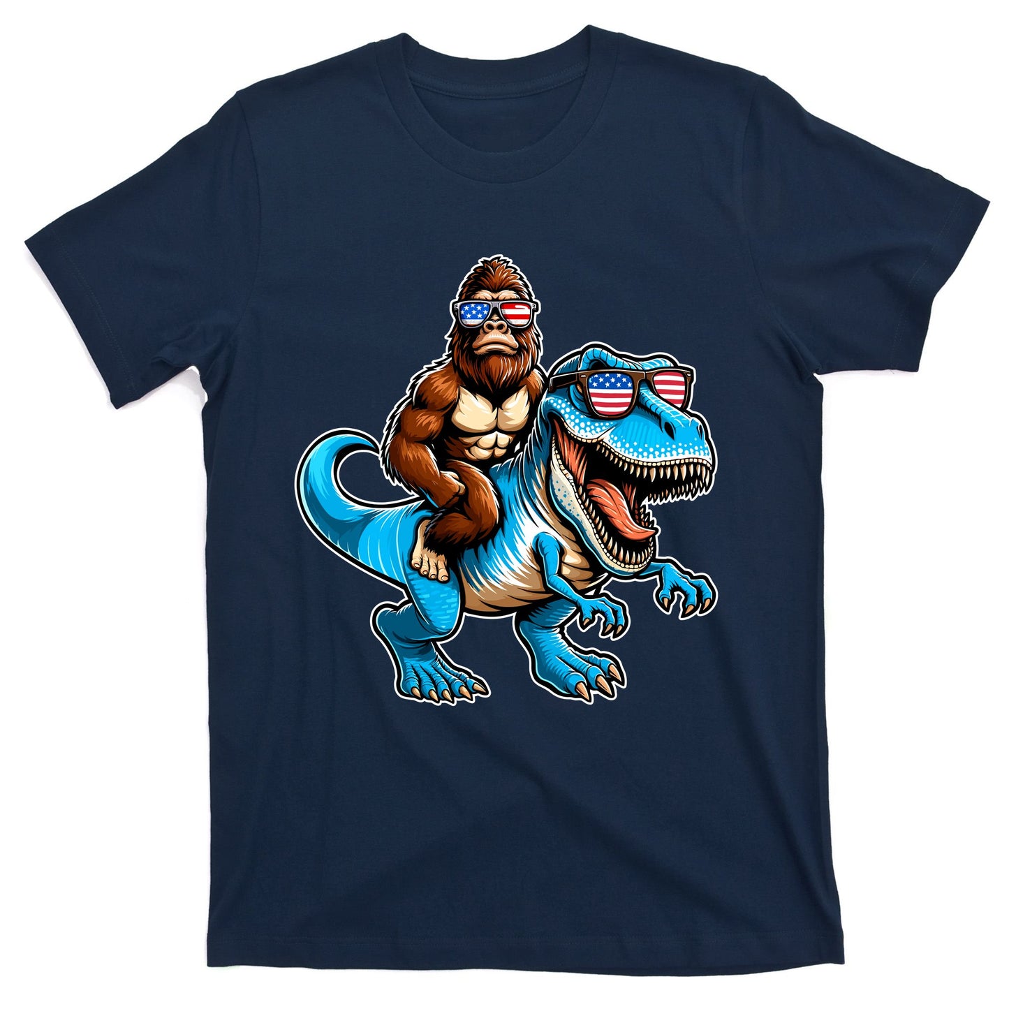 Patriotic Bigfoot Riding T Rex T-Shirt