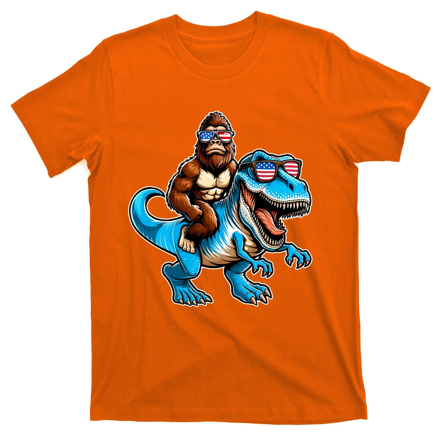 Patriotic Bigfoot Riding T Rex T-Shirt