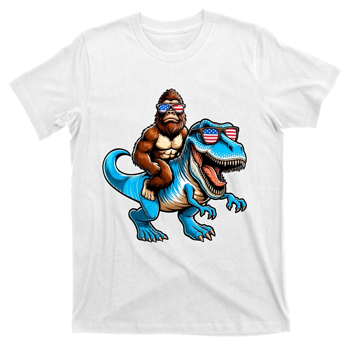 Patriotic Bigfoot Riding T Rex T-Shirt