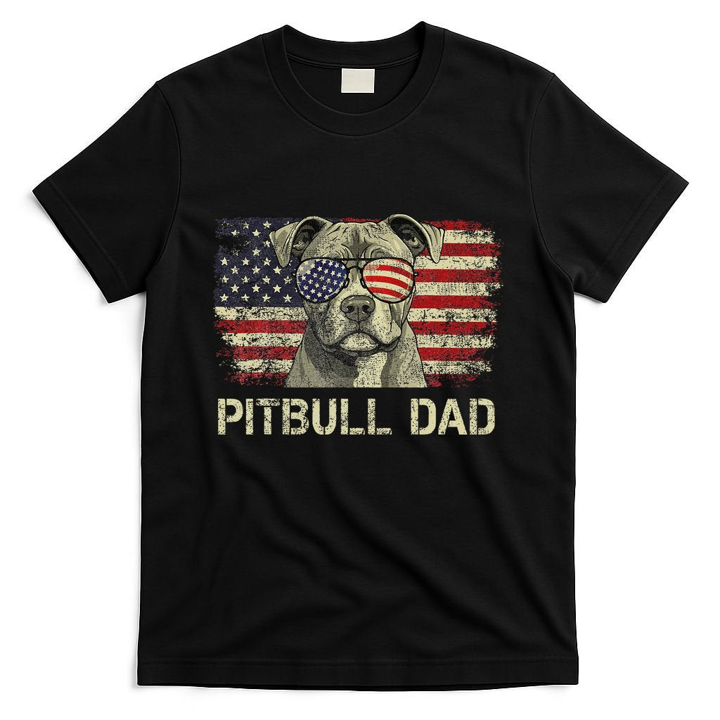 Pitbull Dad Dog Lovers American Flag 4th Of July T-Shirt