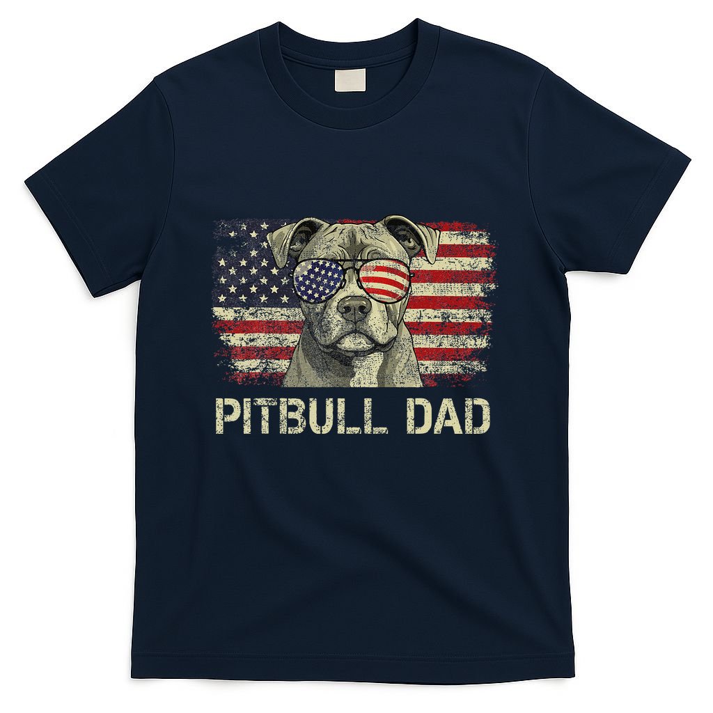 Pitbull Dad Dog Lovers American Flag 4th Of July T-Shirt
