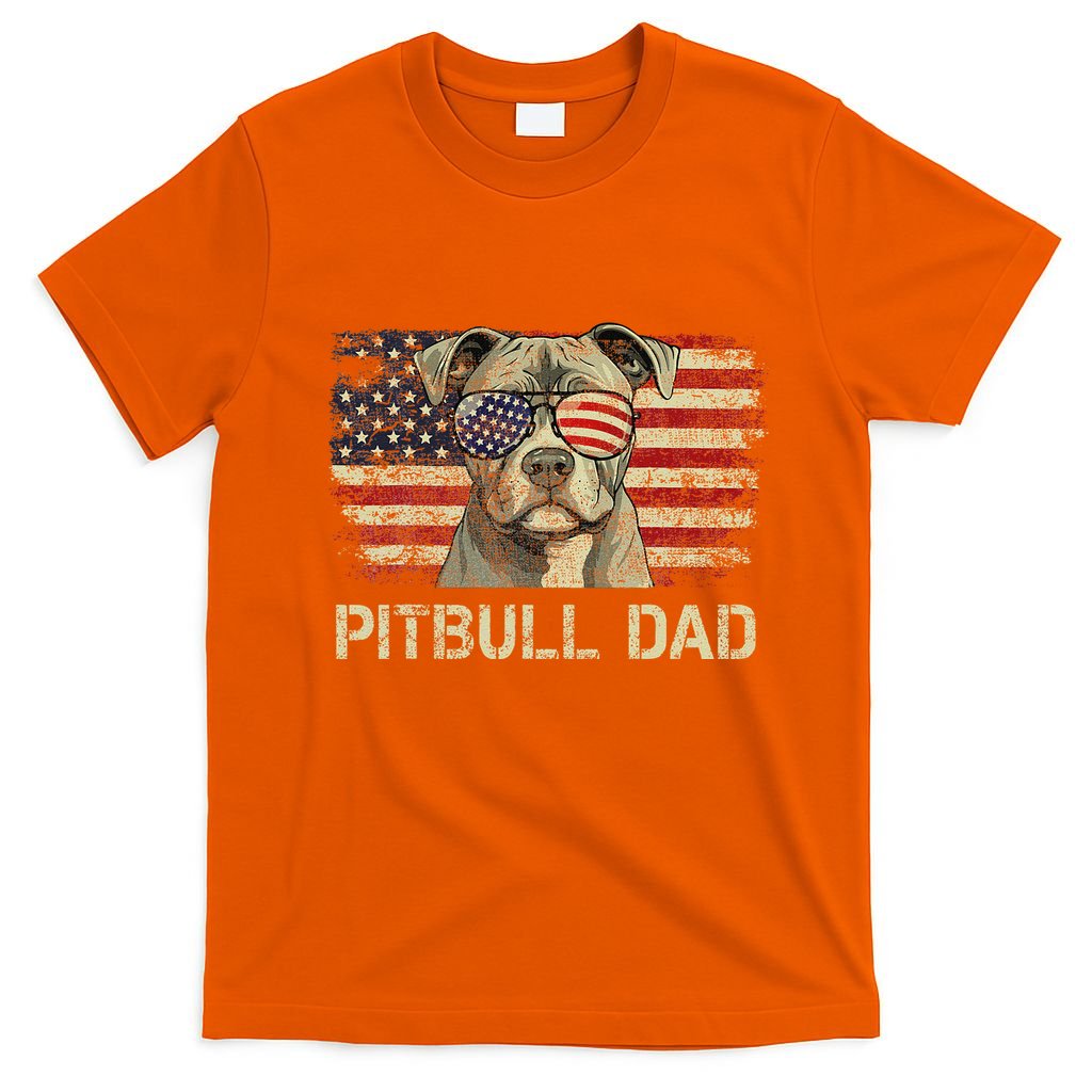 Pitbull Dad Dog Lovers American Flag 4th Of July T-Shirt