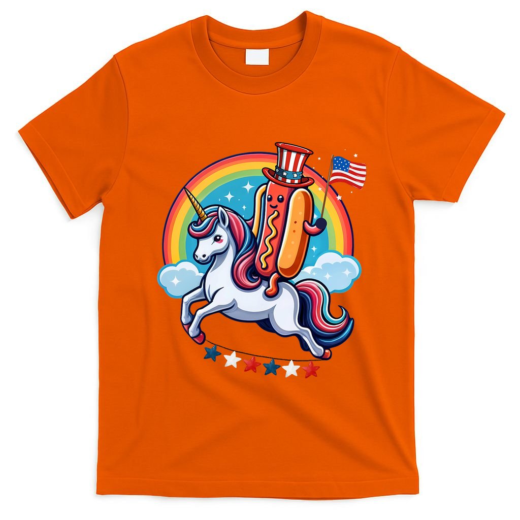 Patriotic Hotdog Riding Unicorn 4th Of July American Flag T-Shirt