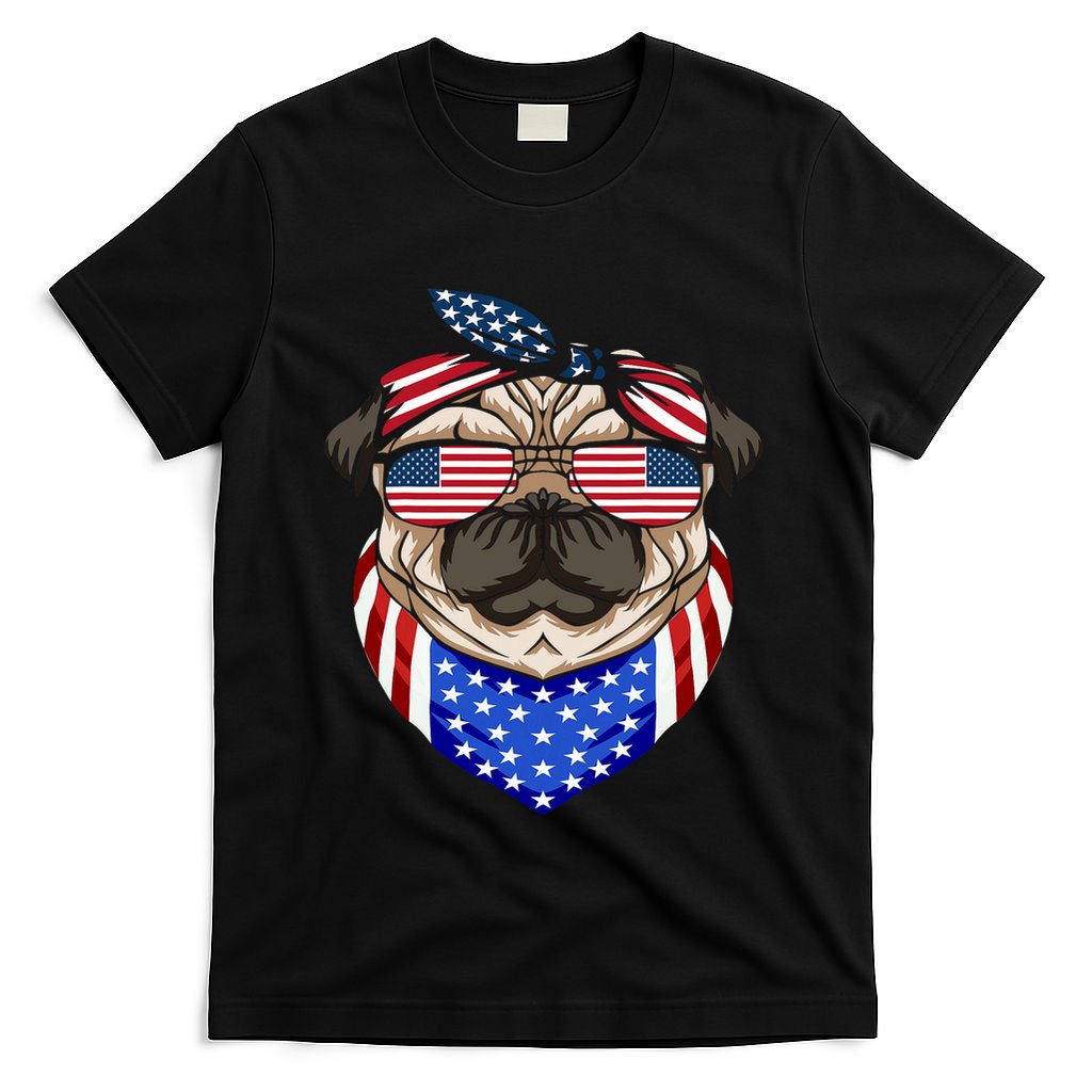 Patriotic Pug 4th Of July Cute Dog American Flag Sunglasses T-Shirt