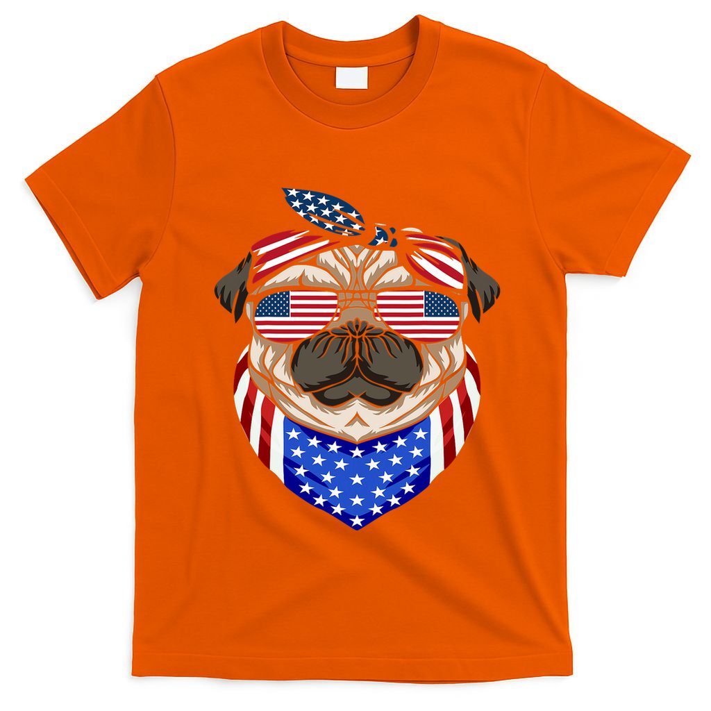 Patriotic Pug 4th Of July Cute Dog American Flag Sunglasses T-Shirt