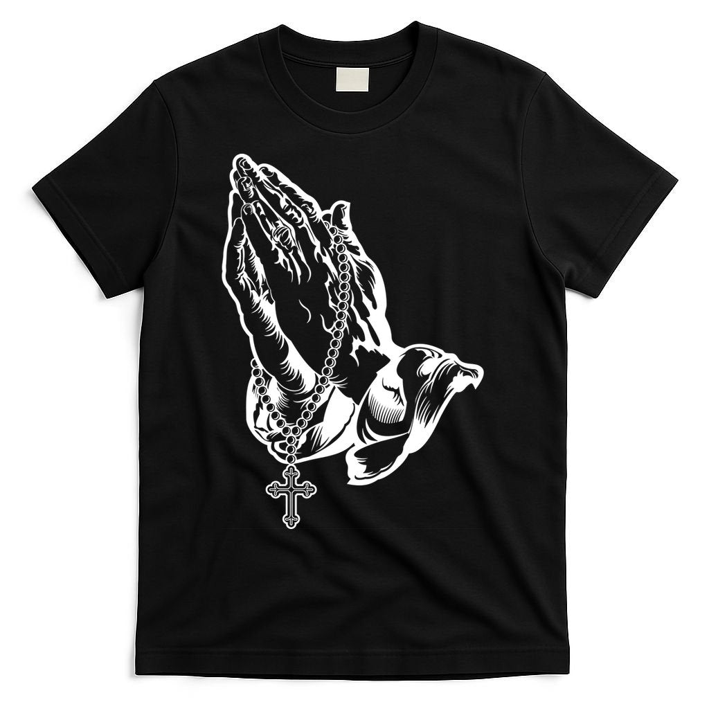 Pray Praying Hands Rosary Cross T-Shirt